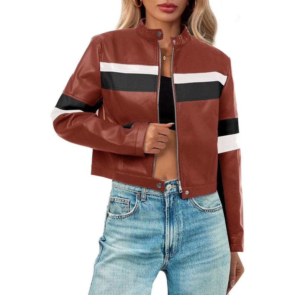 Women's Red Brown Leather Cropped Moto Biker Vintage Racing Jackets